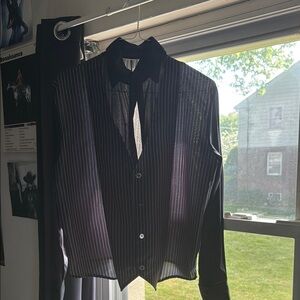 Black and White Striped Sheer Button-Up Shirt